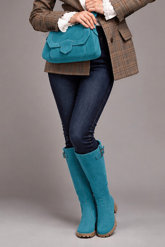 Women's peacock blue custom-made buckle knee-high boots with  and - Top view